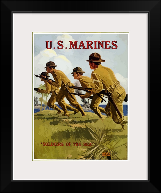 This vintage WWI poster features US Marines charging into battle with their rifles. It declares - US Marines, Soldiers Of ...
