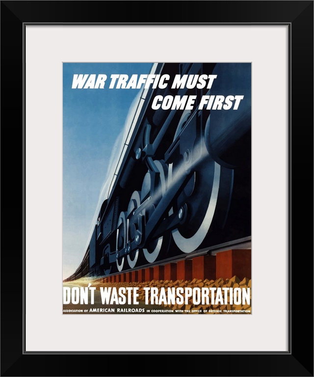 Digitally restored vector war propaganda poster. This vintage World War Two poster features a train speeding down the rail...