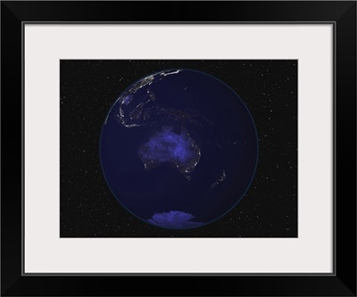 Fully dark city lights image of Earth centered on Australia and Oceania