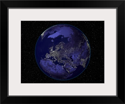 Fully dark city lights image of Earth centered on Europe