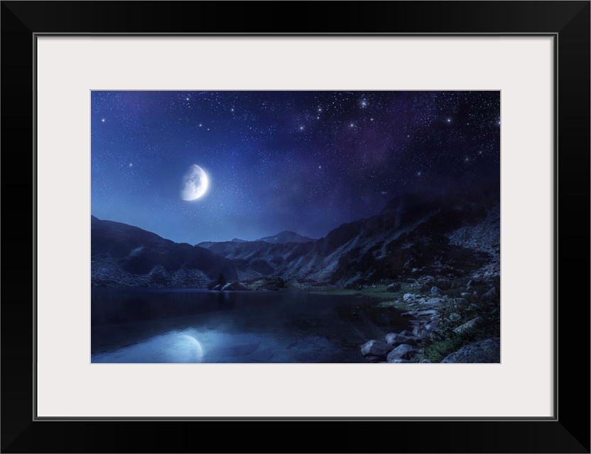 Lake and mountains at night against moon and starry sky, Pirin National Park, Bulgaria..