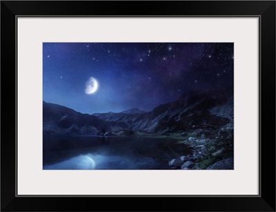 Lake and mountains at night against starry sky, Pirin National Park, Bulgaria