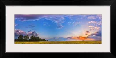 Panorama of a colorful sunset over a prairie in Alberta, Canada