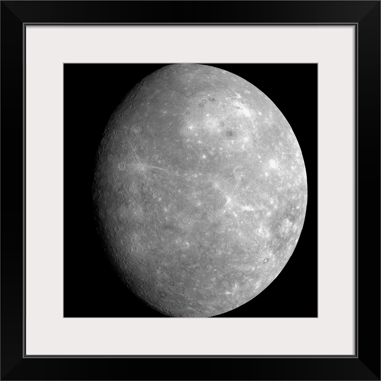 Mosaic of the planet Mercury as seen from the MESSENGER spacecraft on the mission's first flyby of the planet.