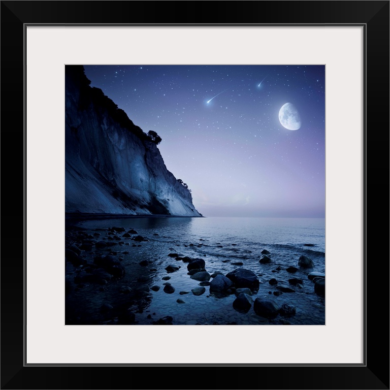 Rising moon over ocean and mountains against starry sky and falling meteorites.