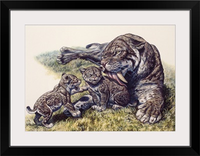 Smilodon sabertooth mother and her cubs