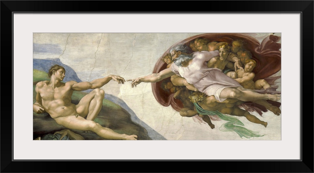 Vintage masterpiece painting of The Creation of Adam. Painted by Michelangelo on the ceiling of the Sistine Chapel, circa ...