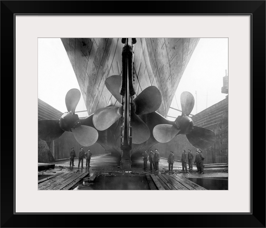 The RMS Titanic's propellers as the mighty ship sits in dry dock.