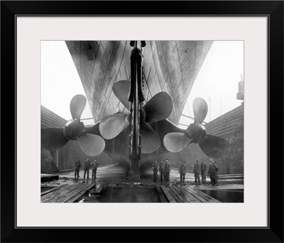 The RMS Titanic's propellers as the mighty ship sits in dry dock