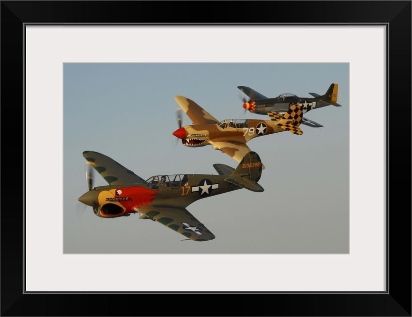 Two P-40 Warhawks and a P-51D Mustang flying over Chino, California.
