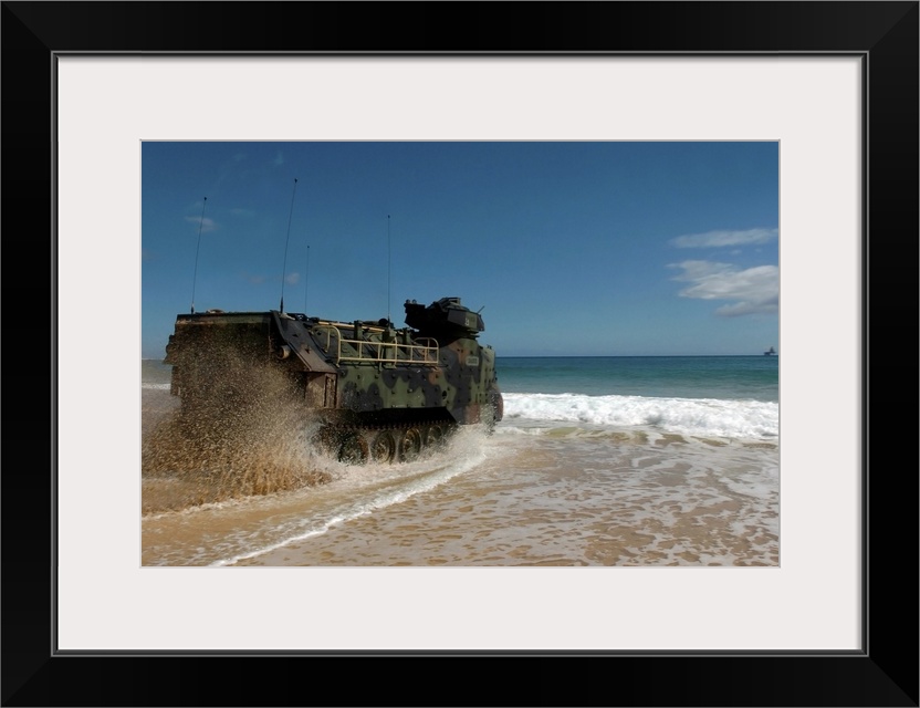 US Marines drive an amphibious assault vehicle ashore
