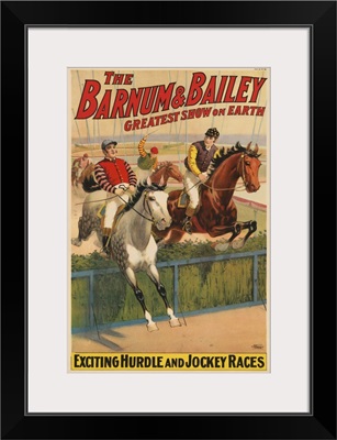 Vintage Barnum & Bailey Circus Poster Of Jockeys On Horses Jumping A Hedge, 1900