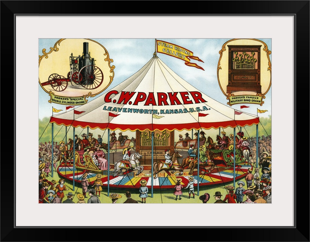 Vintage circus poster of CW Parker Steam riding gallery Special double cylinder engine Military band organ