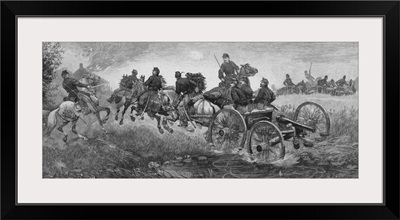 Vintage Civil War print of a team of horses pulling a cannon into battle