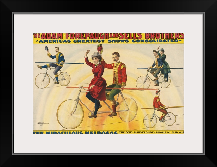 Vintage Forepaugh & Sells Brothers Circus Poster Of Bicycle Riders On Tightrope, 1900