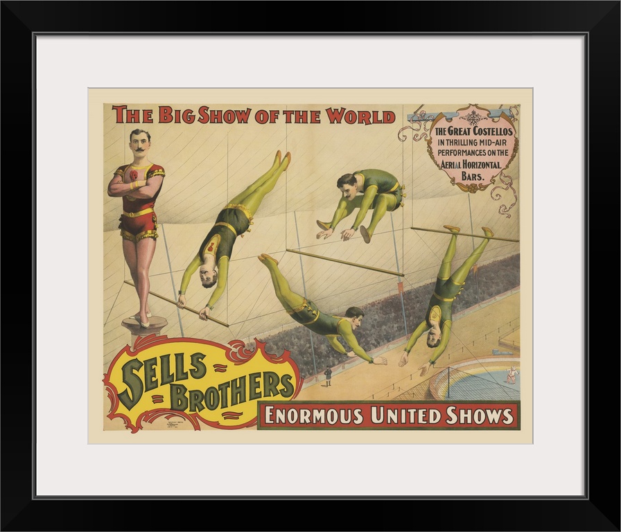 Vintage Sells Brothers Circus Poster Of Men Performing On High-Wire Bars, 1895