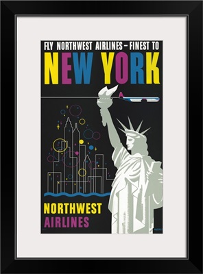 Vintage Travel Poster For Flying Northwest Airlines To New York, Of Statue Of Liberty