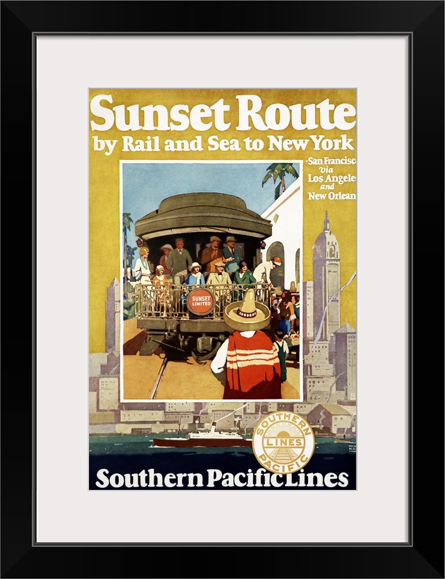 Vintage travel poster for the Sunset route by rail and sea to New York Southern Pacific Lines, 1930