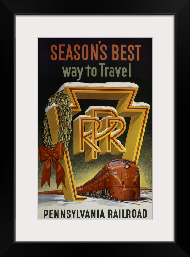 Vintage travel poster of a red train passing through the keystone logo of the Pennsylvania Railroad, 1955