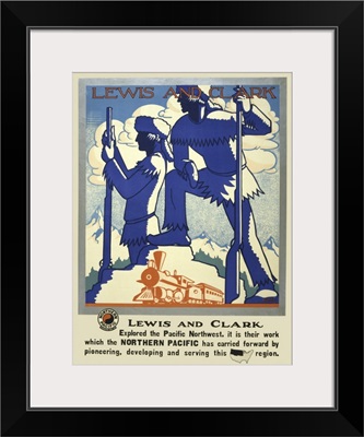 Vintage Travel Poster Of Silhouettes Of Lewis And Clark With A Steam Train, 1920
