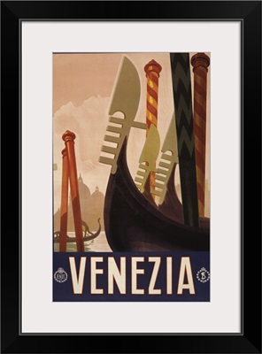 Vintage Travel Poster Of The Decorative Prows Of Gondolas On A Canal In Venice, 1920