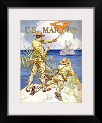 Vintage World War I poster of two marines signaling a ship with a flag
