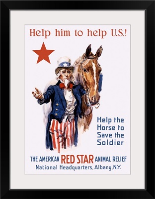 Vintage World War I poster of Uncle Sam with a horse