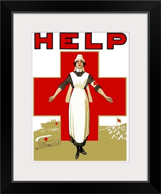 Vintage World War One poster of a Red Cross nurse holding out her arms