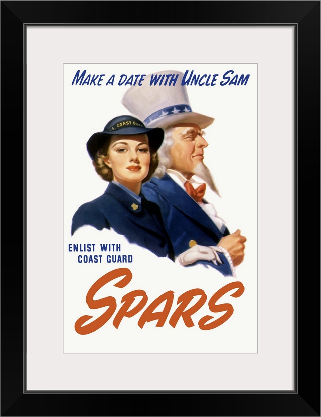 Vintage World War II poster featuring a female Coast Guard Cadet and Uncle Sam. It reads, Make a date with Uncle Sam, Enli...