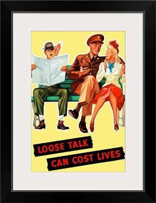 World War II poster of a soldier talking to his girl on a bench as Hitler eavesdrops