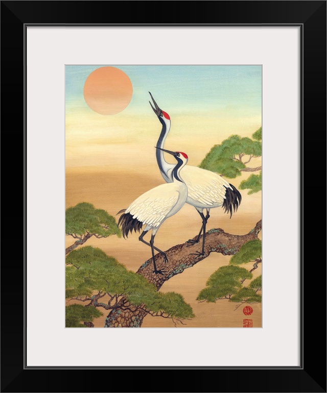 Asian style painting of two cranes perched in a tree, looking at the sun.