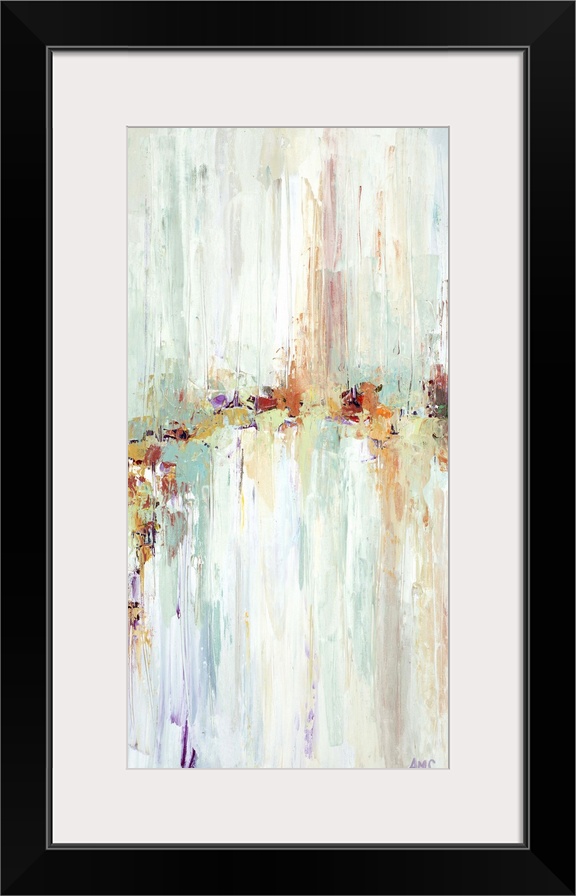 Abstract artwork in pale shades of blue and orange.