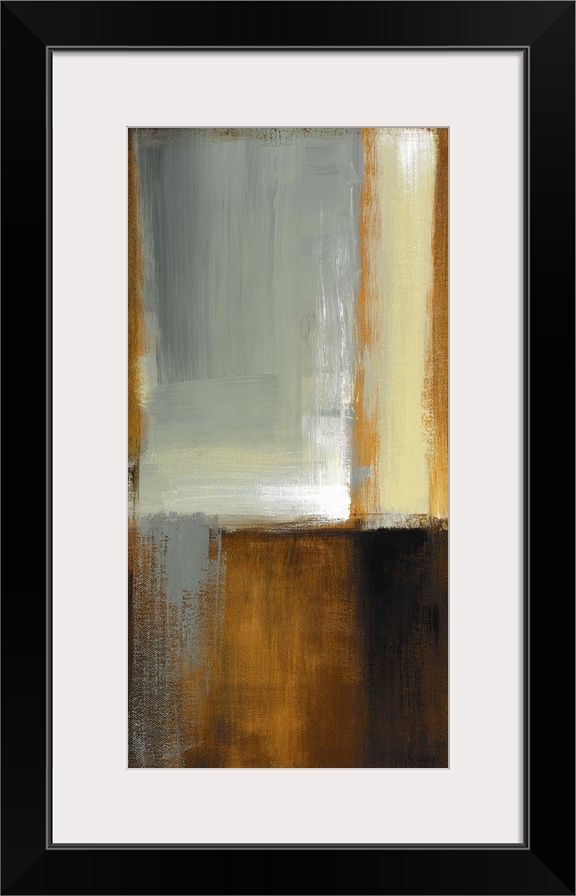 Vertical abstract painting on canvas of various patches of color layered on top of one another.