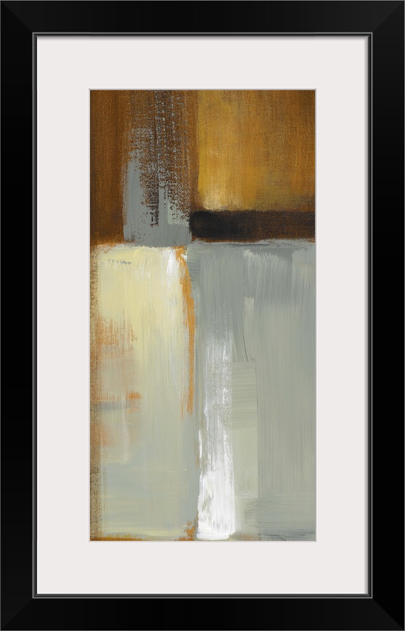 Vertical contemporary painting on a large wall hanging of large rectangular shapes in various colors, painted mostly verti...