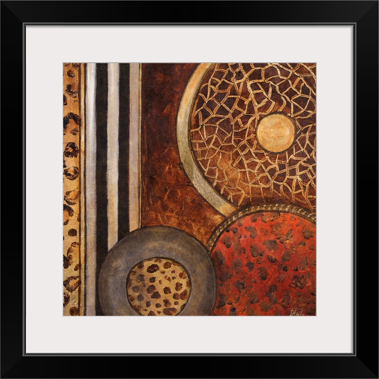 Abstract artwork that consists of three circles each filled with a different animal pattern. Stripes of cheetah and zebra ...