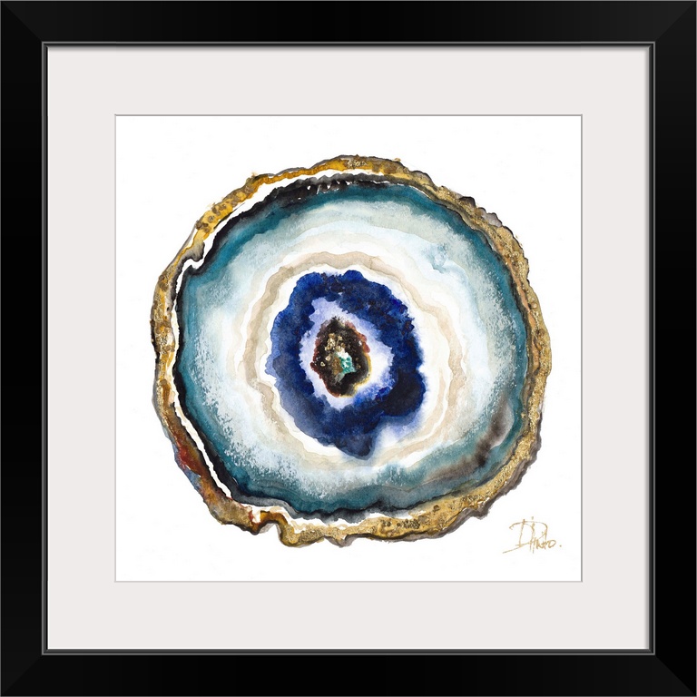 This contemporary artwork offers the intricacies of sliced agate completed in watercolors with gold accents.