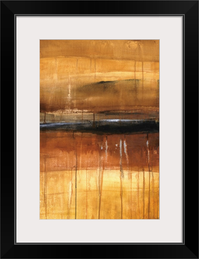 Vertical, abstract painting for a living room or office of large, horizontal brushstrokes in transitioning earth tones, wi...