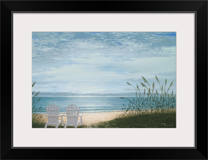 Contemporary painting of two adirondack chairs in the sand overlooking the beach.