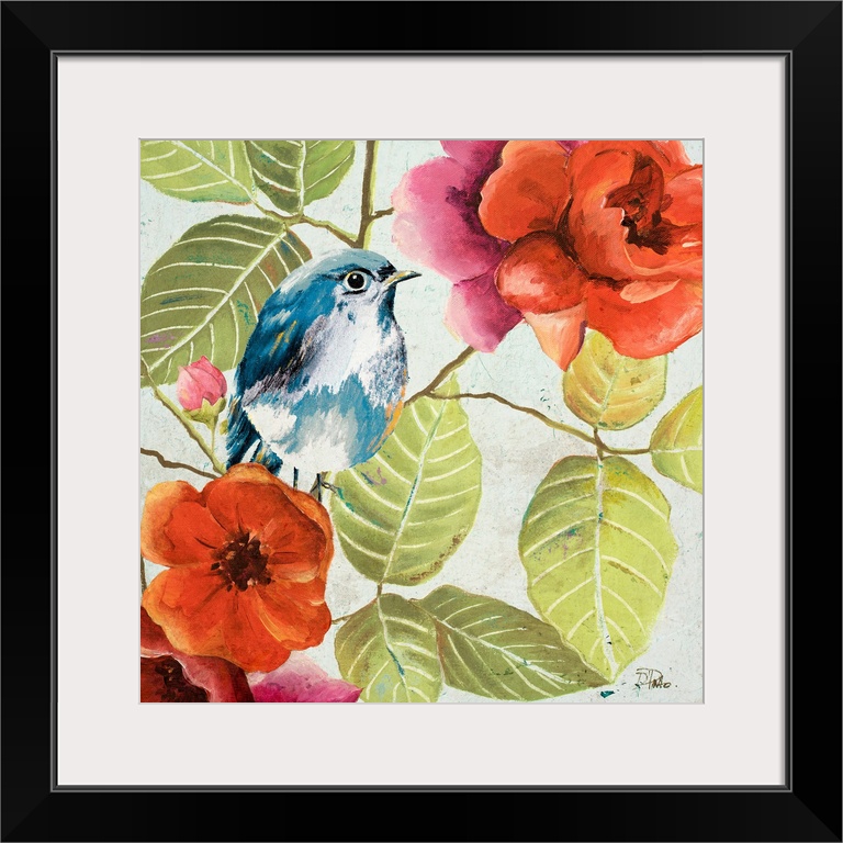 Square painting of a blue and white bird perched on a branch amongst green leaves and orange and pink flowers.