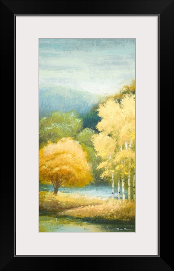 A contemporary landscape painting of yellow birch trees with a sponge-like texture.