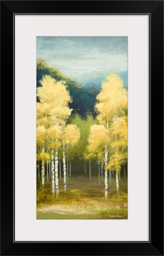 A contemporary landscape painting of yellow birch trees with a sponge-like texture.