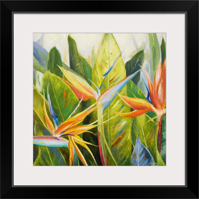 Contemporary artwork of multicolored plants and large green leaves standing straight up in the background.