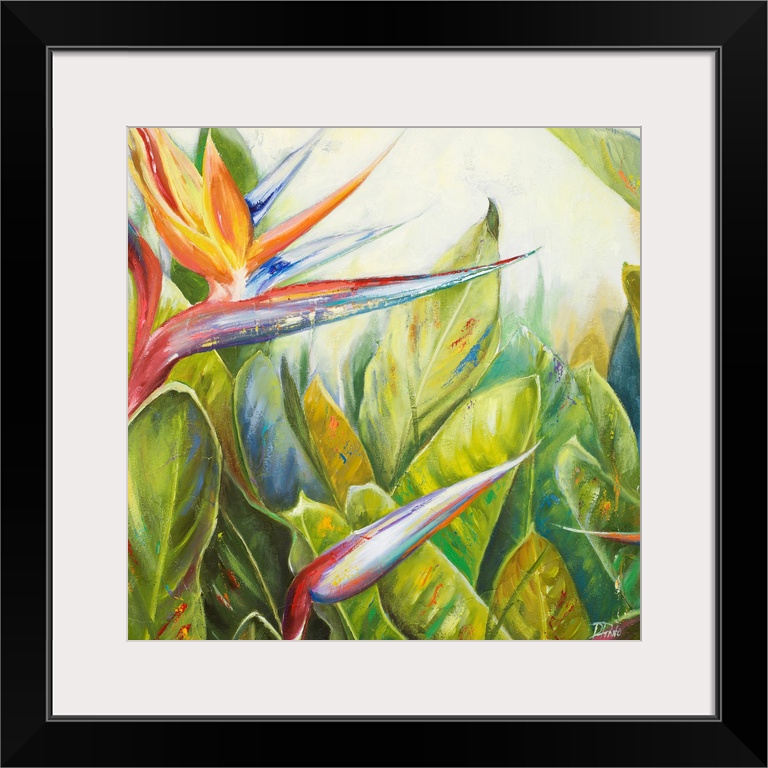 Square, giant floral painting of two bird of paradise flowers, one bloomed, amongst a large bunch of big green leaves exte...