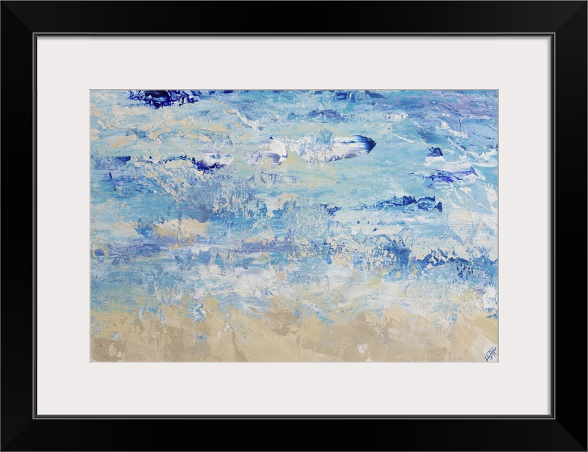 A contemporary abstract painting with various blue hues with added white and tan hues to resemble ocean waves crashing on ...