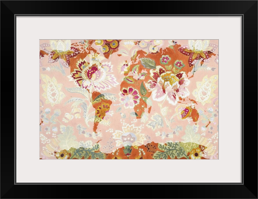 A map of the world with a bright orange floral pattern.