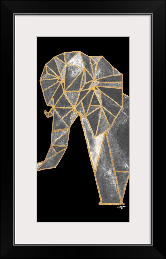 Abstract elephant created with metallic gold geometric shapes on a solid black background.