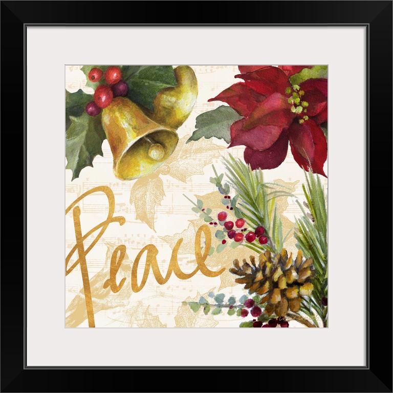 Seasonal holiday artwork featuring a poinsettia and bells, with the word Peace.