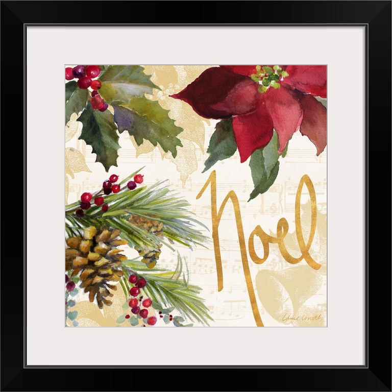 Seasonal artwork with gold text and pinecones and a poinsettia.