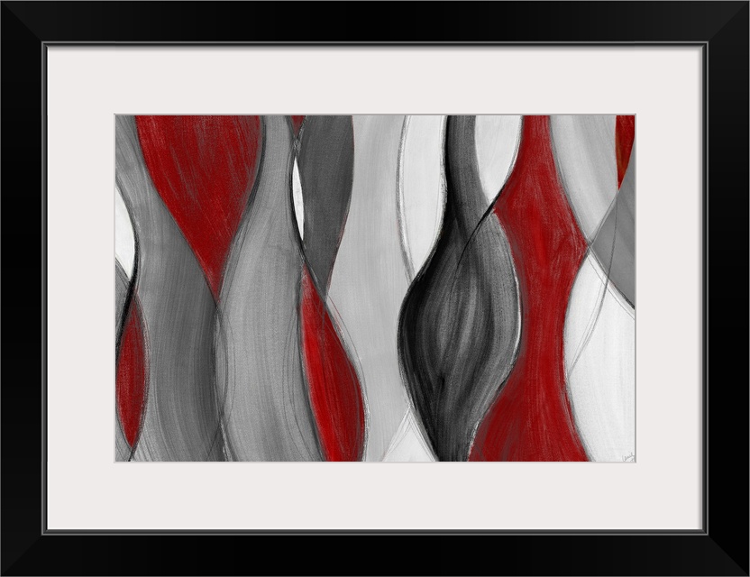 Horizontal abstract painting of swirling, vertical curves.