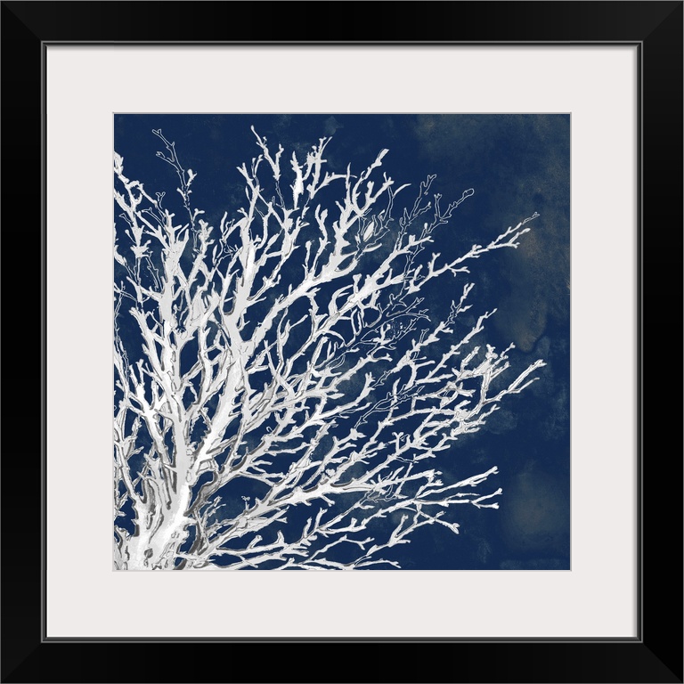 This is square artwork for the home, office, or beach house that is a drawing of coral over a contrasting ink wash.